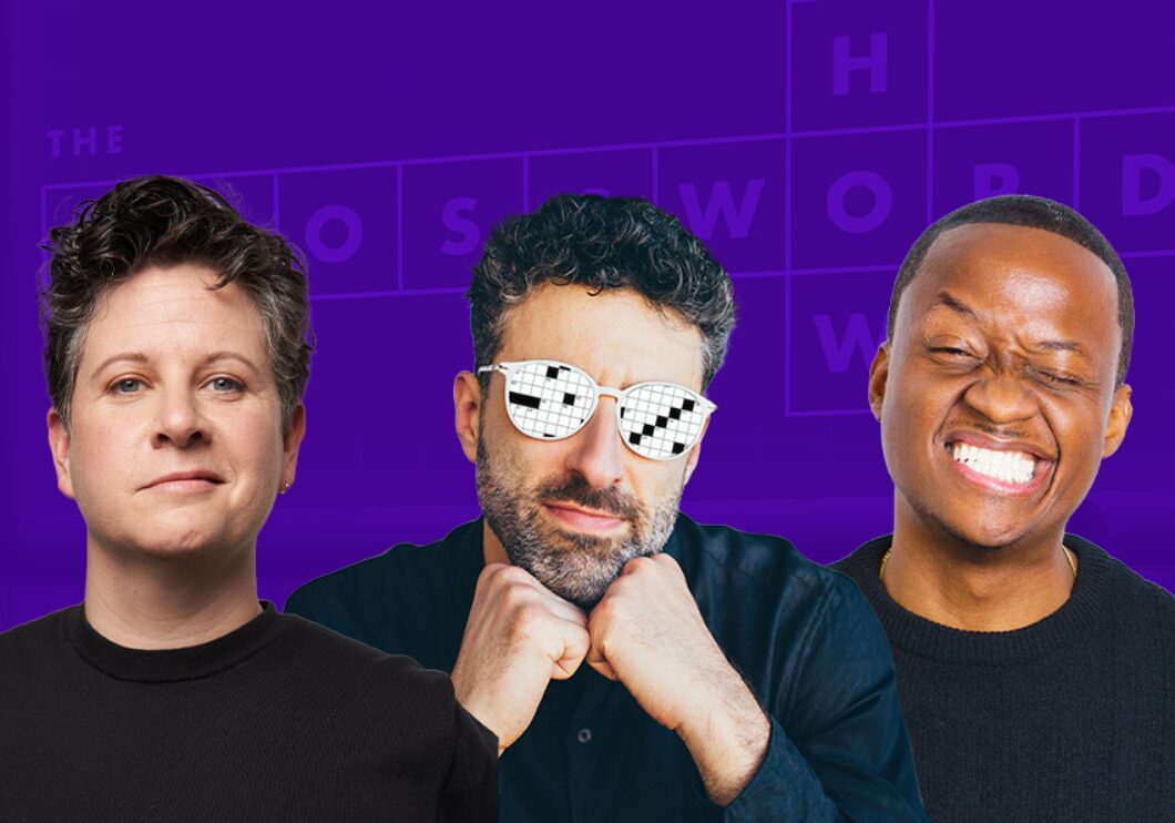 Against a purple background showing the logo of The Crossword Show: headshots of Liz Glazer, Zach Sherwin, and Nore Davis.