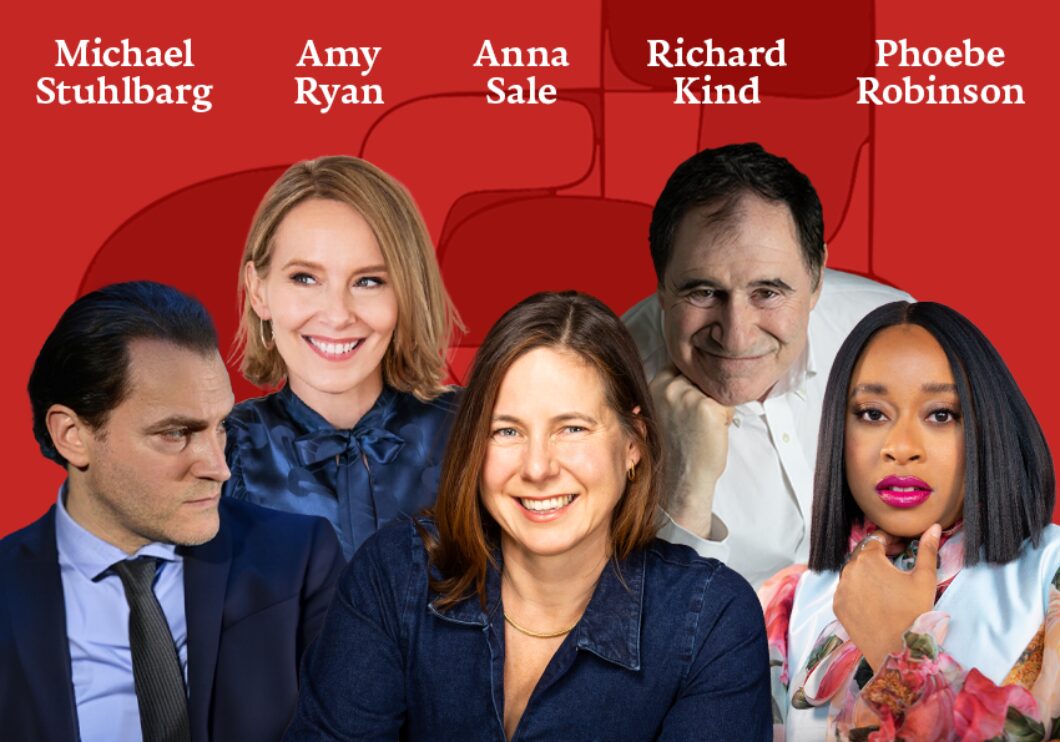Against a red background with red geometric shapes: headshots of Michael Stuhlbarg, Amy Ryan, Anna Sale, Richard Kind, and Phoebe Robinson. The artists' names appear in white text above their headshots.