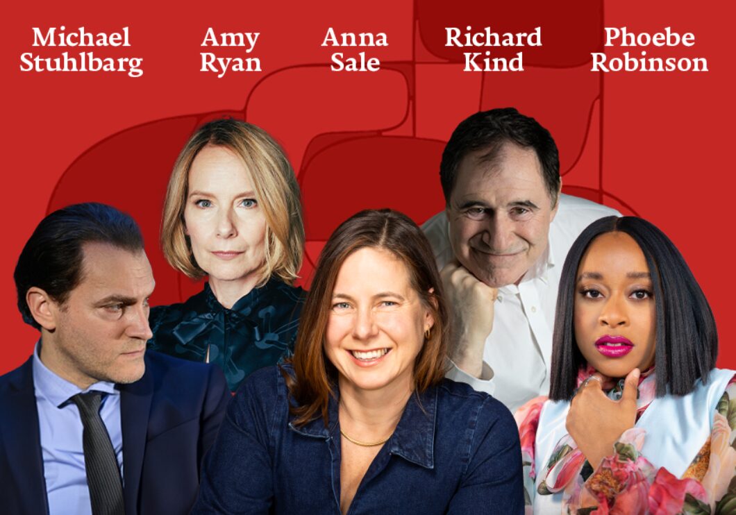Against a red background with red geometric shapes: headshots of Michael Stuhlbarg, Amy Ryan, Anna Sale, Richard Kind, and Phoebe Robinson. The artists' names appear in white text above their headshots.