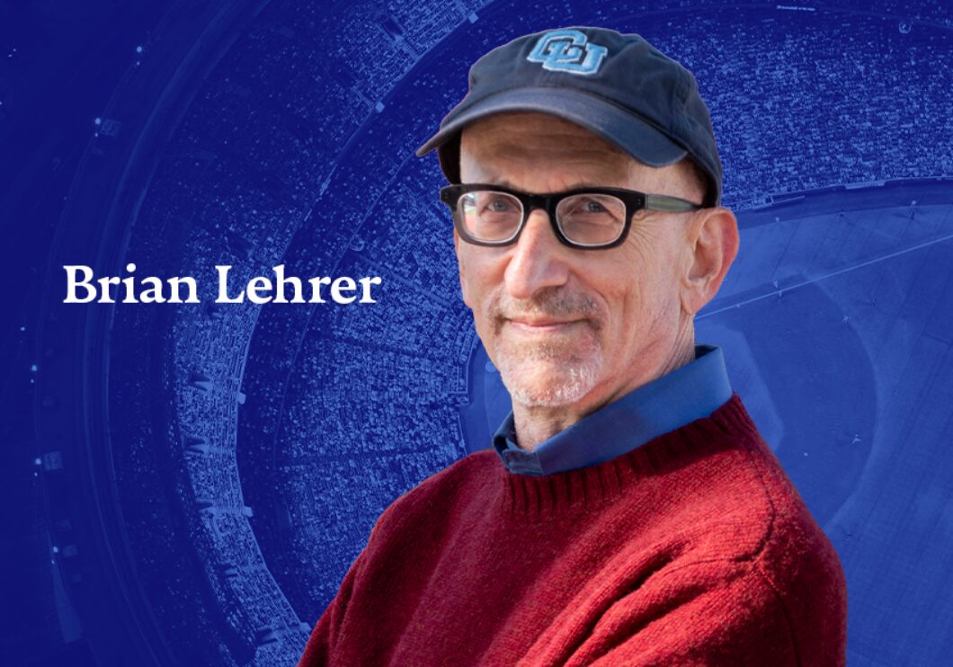 Foreground: A headshot of Brian Lehrer; his name appears in white text next to his headshot. Background: a blue-tinted picture of a baseball diamond from above.