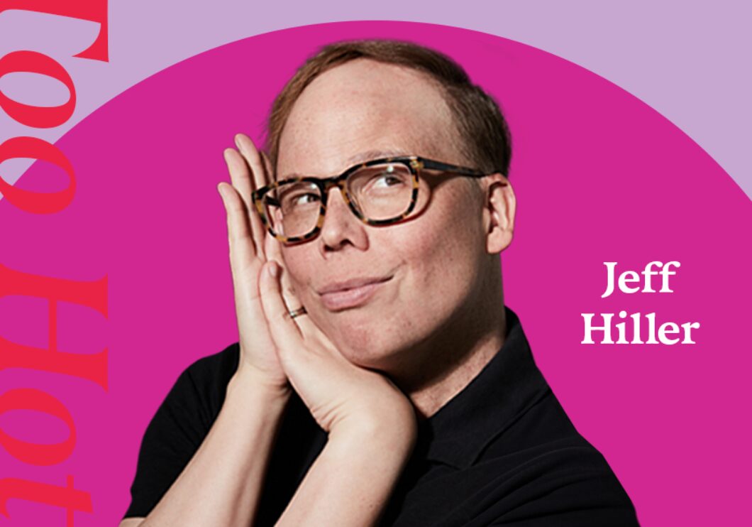 Against a pink background: a headshot of actor Jeff Hiller. His name appears in white text on the right side of the image.