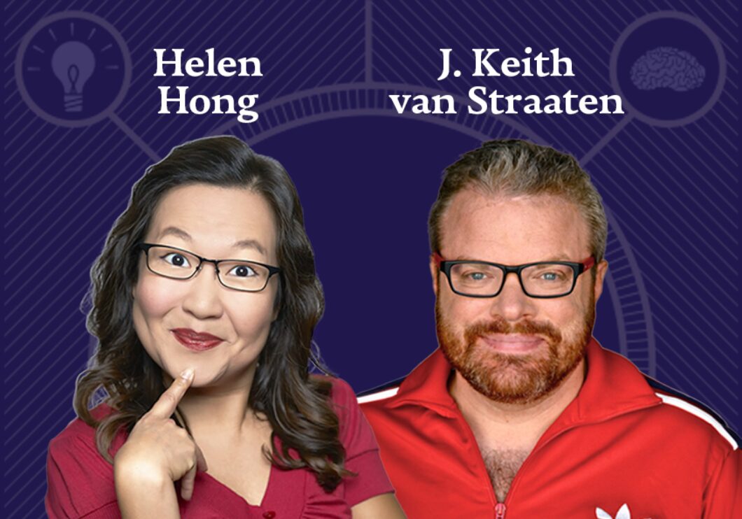 Against a dark blue background: headshots of Helen Hong and J. Keith van Straaten. The artists' names appear in white text above their headshots.