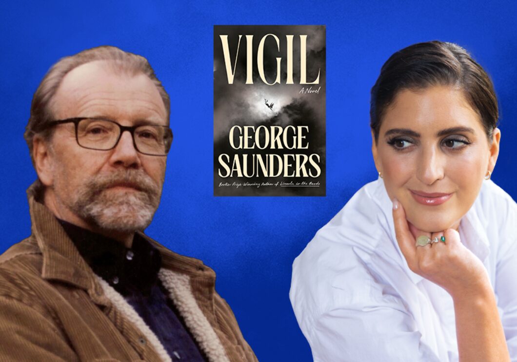 Against a blue background: headshots of George Saunders and Suleika Jaouad. The cover of Saunders's book "Vigil" appears in the center.