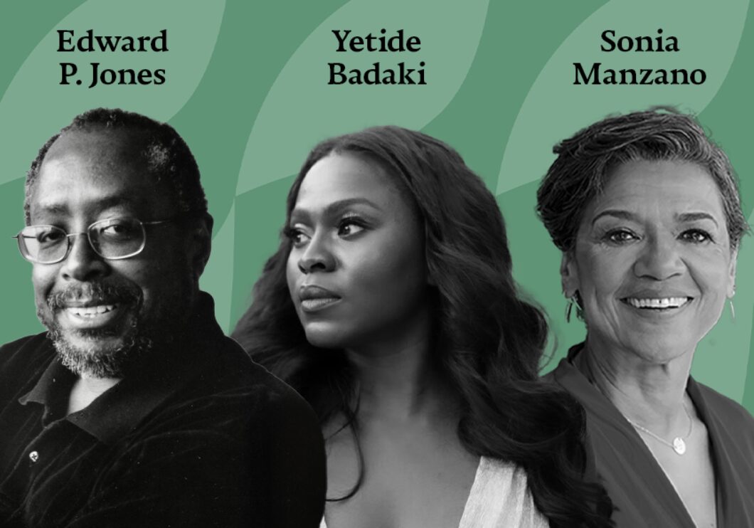 Against a green pattered background: headshots of Edward P. Jones, Yetide Badaki, and Sonia Manzano. The artists' names appear in black text above their headshots.