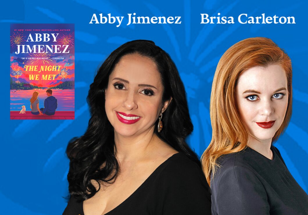 Against a blue background: headshots of Abby Jimenez and Brisa Carleton. The authors' names appear in white text above their headshots. The cover of Jimenez's book The Night We Met appears in the upper left.