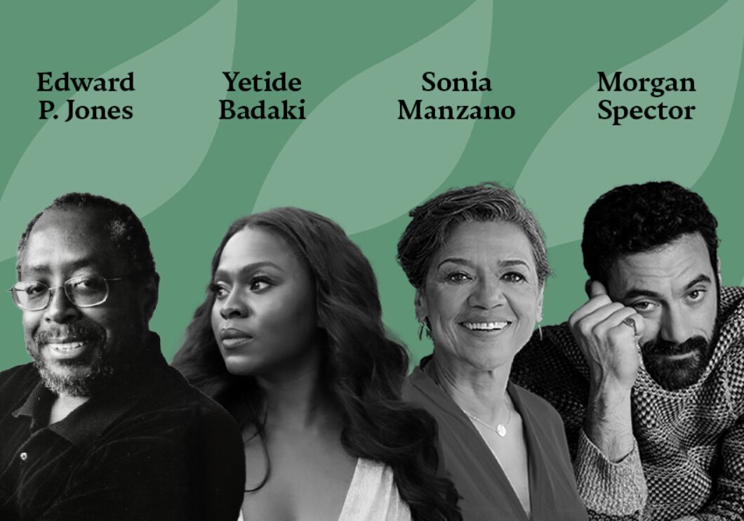 Against a green pattered background: headshots of Edward P. Jones, Yetide Badaki, Sonia Manzano, and Morgan Spector. The artists' names appear in black text above their headshots.