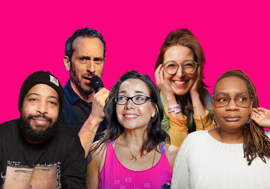 Against a bright pink background: headshots of Peter Grosz, Natasha Vaynblat, Brandon Collins, Janeane Garofalo, and Shalewa Sharpe.