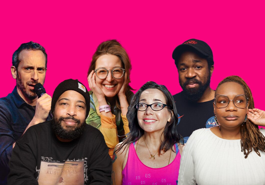 Against a bright pink background: headshots of Peter Grosz, Natasha Vaynblat, Ikechukwu Ufomadu, Brandon Collins, Janeane Garofalo, and Shalewa Sharpe.