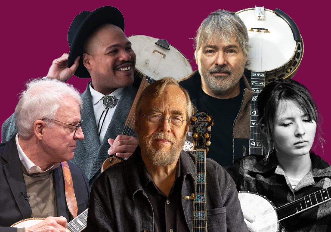 Tony Trischka, Nora Brown, Béla Fleck, Steve Martin, and Jerron Paxton in front of a magenta background.