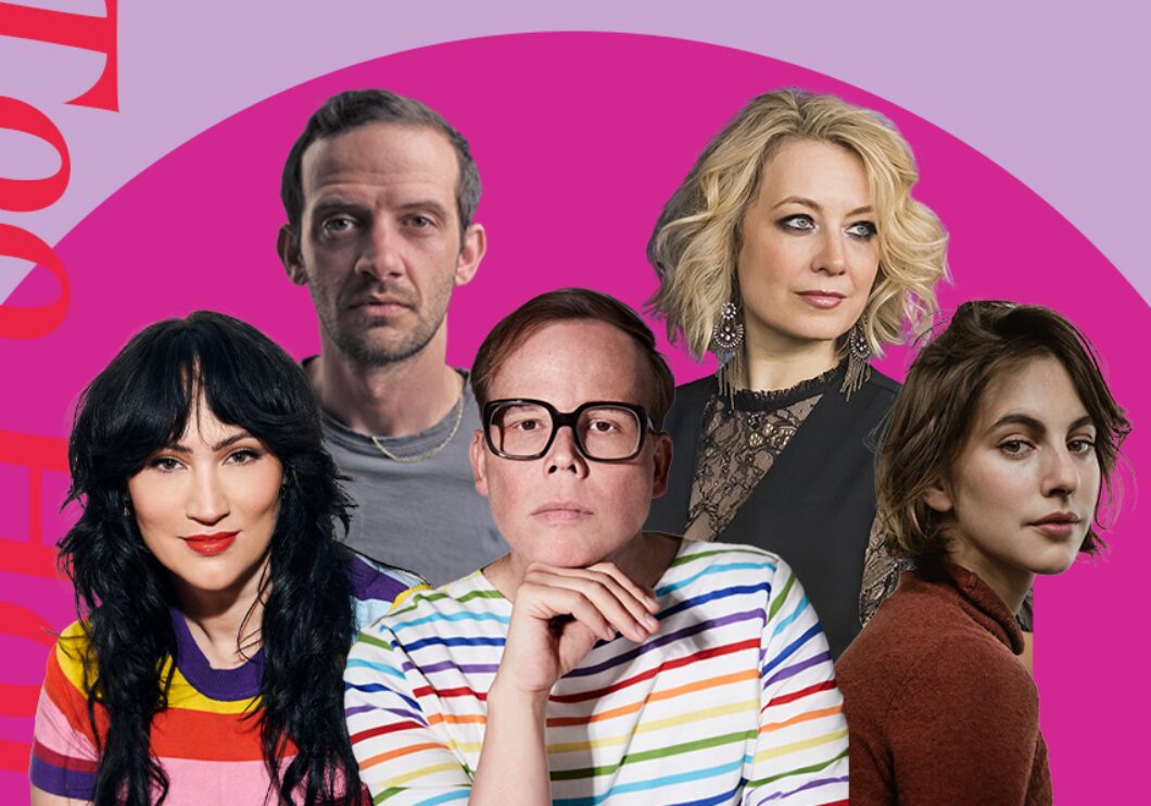 Against a light purple and hot pink background: headshots of Will Brill, Jennifer Mudge, Eden Espinosa, Jeff Hiller, and Madeline Weinstein.