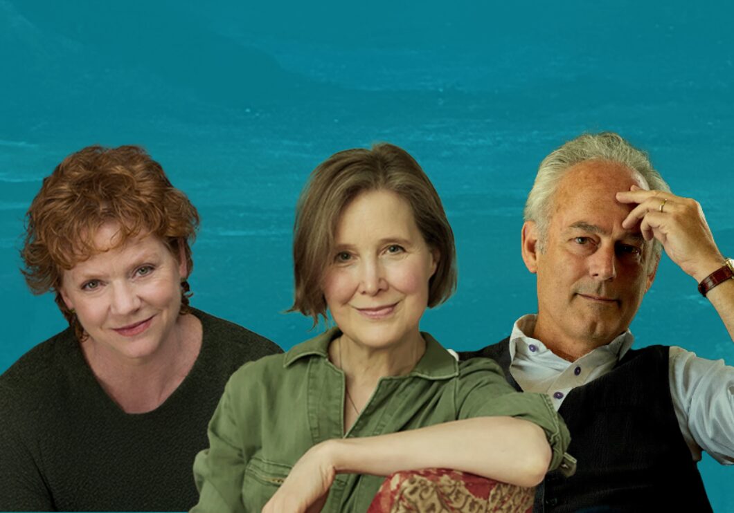 Against a teal background: headshots of Becky Ann Baker, Ann Patchett, and Amor Towles.