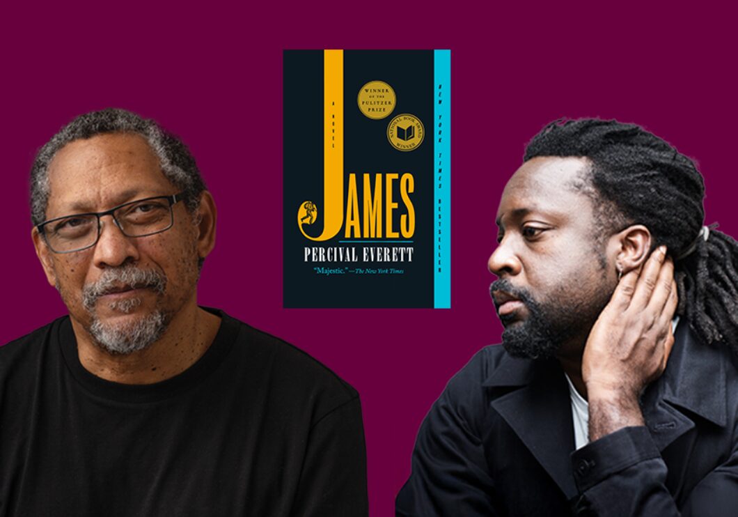 Against a dark purple background: headshots of authors Percival Everett and Marlon James. The paperback cover of his novel "James" appears in the center.