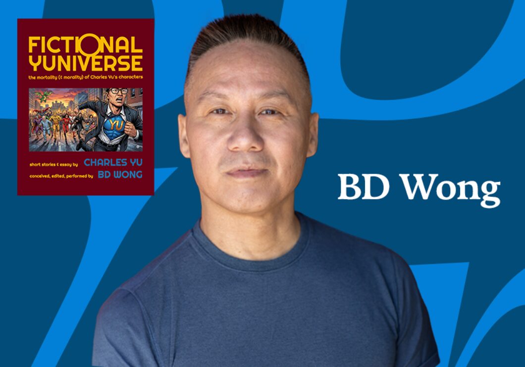 A headshot of BD Wong with a poster for Fictional Yuniverse.