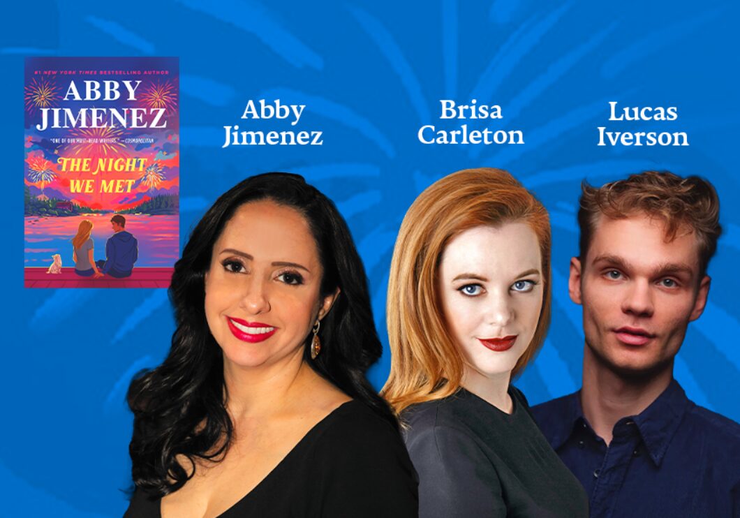 Against a blue background: headshots of Abby Jimenez, Brisa Carleton, and Lucas Iverson. The artists' names appear in white text above their headshots. The cover of Jimenez's book The Night We Met appears in the upper left.