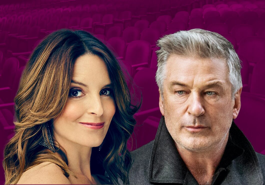 Against a purple background: headshots of Tina Fey and Alec Baldwin.