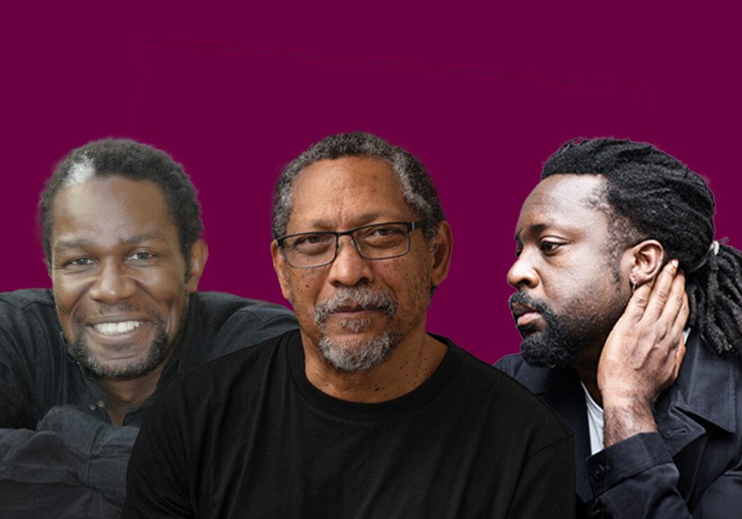 Against a dark purple background: headshots of John Douglas Thompson, Percival Everett, and Marlon James.