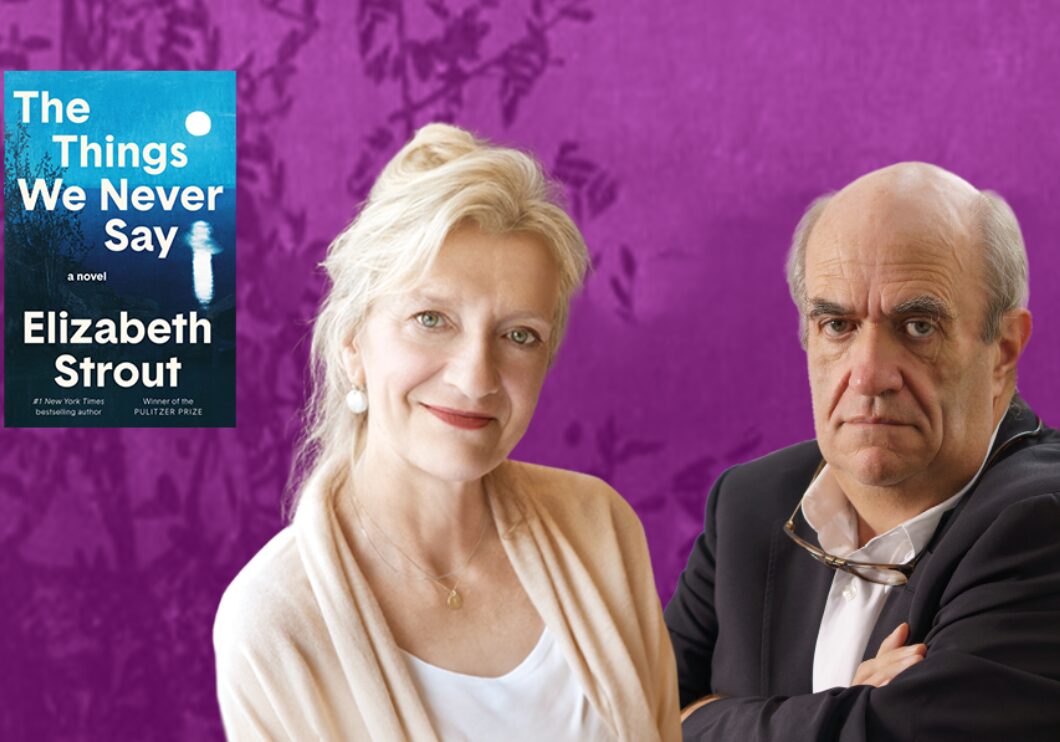 Against a purple background: headshots of authors Elizabeth Strout and Colm Tóibín. The cover of Strout's book, The Things We Never Say, appears on the left side of the image.