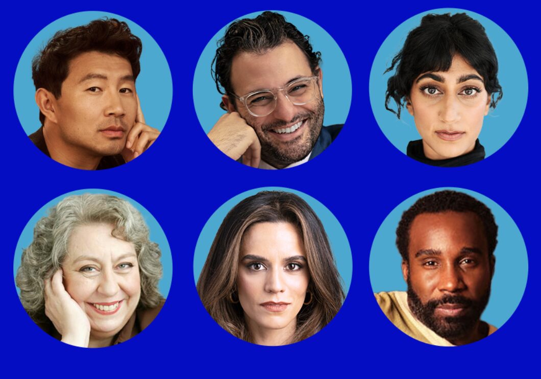 Against a blue background, in light blue circles: headshots of Simu Liu, Arian Moeyed, Sunita Mani, Jane Houdyshell, Sepideh Moafi, and Tramell Tillman