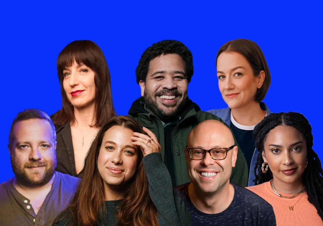 Against a blue background: headshots of Ophira Eisenberg, Tim Barnes, Carley Moseley, Michael Hartney, Ariel Elias, Jon Fisch, and Sasha Merci.