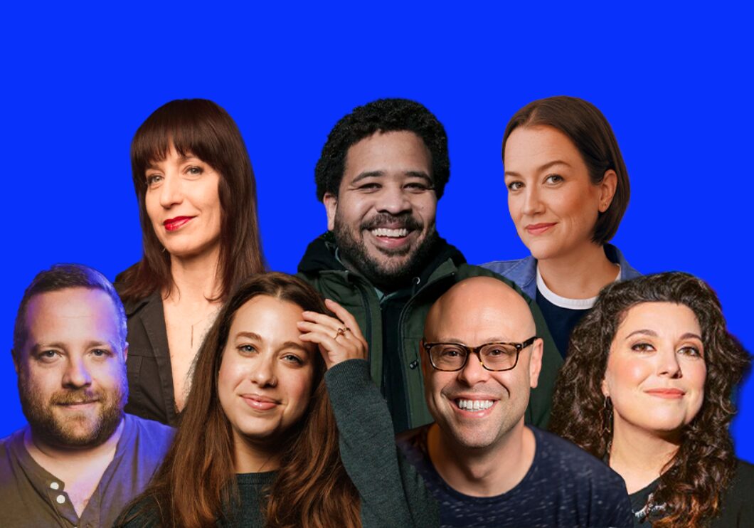 Against a blue background: headshots of Ophira Eisenberg, Tim Barnes, Carley Moseley, Michael Hartney, Ariel Elias, Jon Fisch, and Jenny Zigrino.