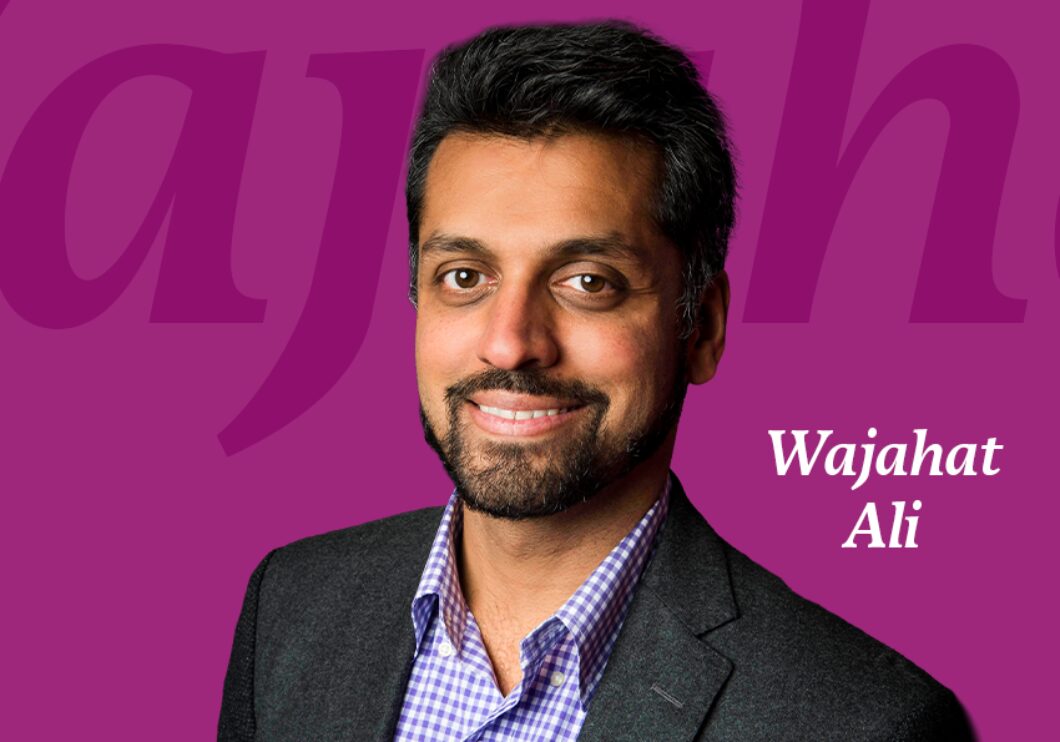 Against a purple background: a headshot of Wajahat Ali. His name appears in white text on the lower right of the image.