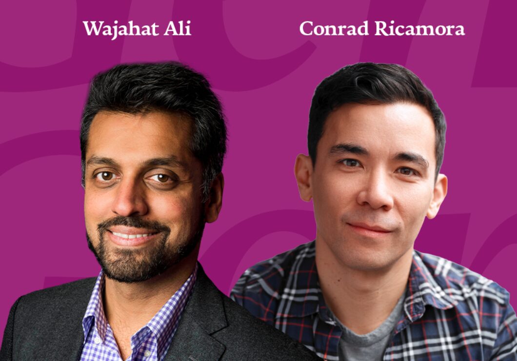 Against a purple background: headshots of Wajahat Ali and Conrad Ricamora. The artists' names appear in white text above their headshots.