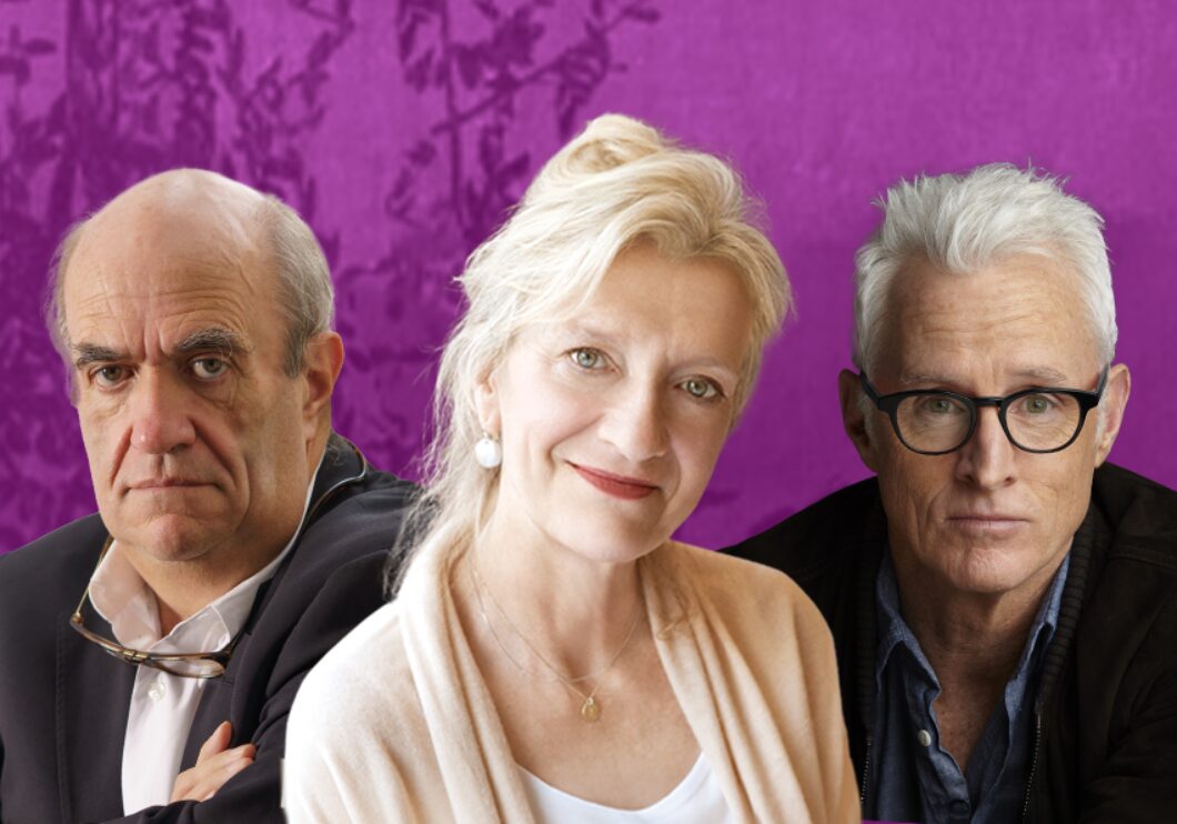 Against a purple background: headshots of Colm Tóibín, Elizabeth Strout, and John Slattery.
