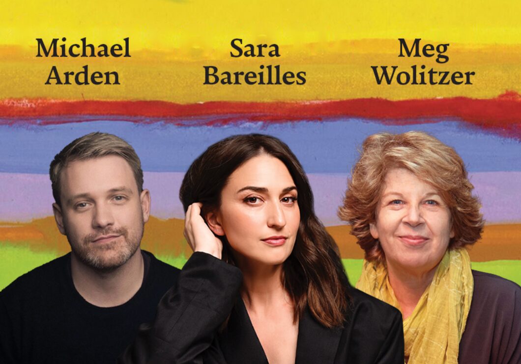 Headshots of Michael Arden, Sara Bareilles, and Meg Wolitzer in front of a striped background.