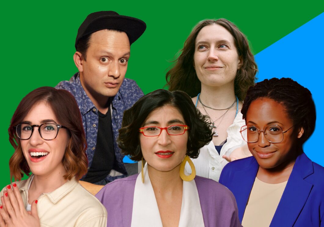 Against a bisected green and blue background: headshots of Michael Cruz Kayne, Blythe Roberson, Emmy Blotnick, Negin Farsad, and Kenice Mobley.