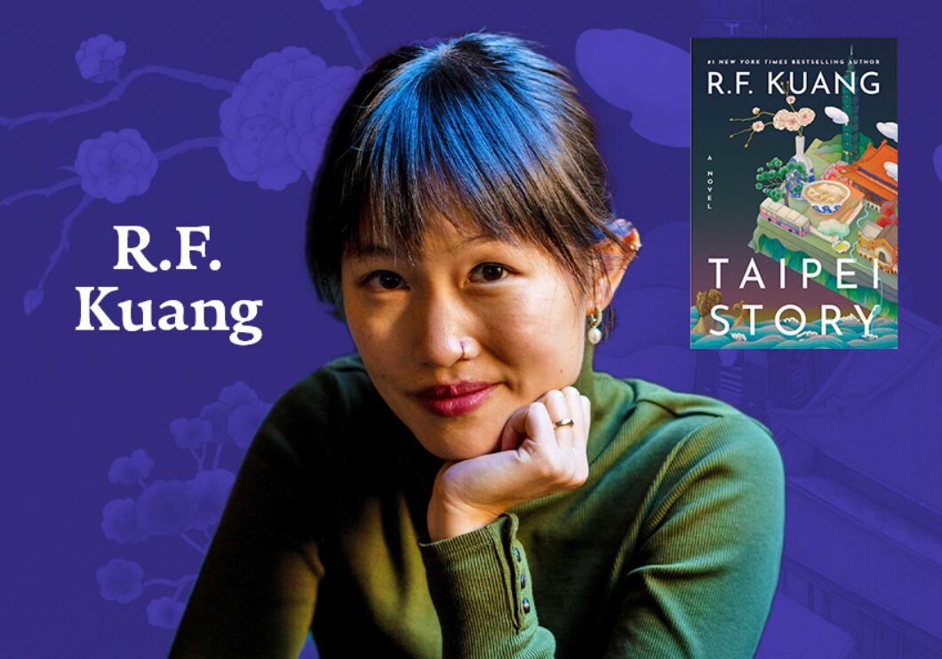 Against a purple background: a headshot of author R.F. Kuang. The author's name appears in white text on the left side of the image, and the cover of her novel Taipei Story appears on the right side of the image.