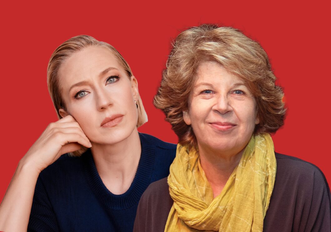 Against a red background: headshots of Carrie Coon and Meg Wolitzer.