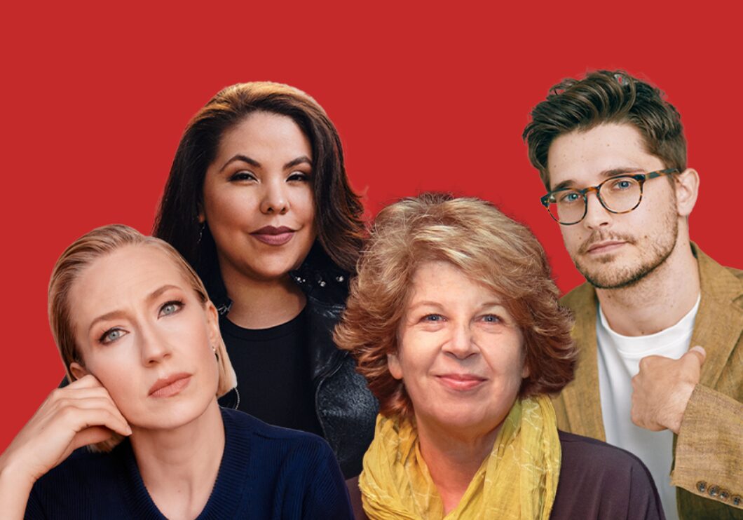 Against a red background: headshots of Carrie Coon, Florencia Cuenca, Meg Wolitzer, and Andy Mientus.