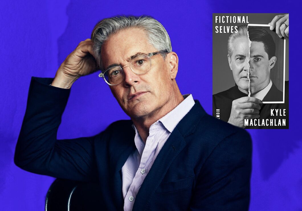 Against a blue background: a headshot of Kyle MacLachlan. The cover of his memoir, Fictional Selves, appears in the upper right of the image.