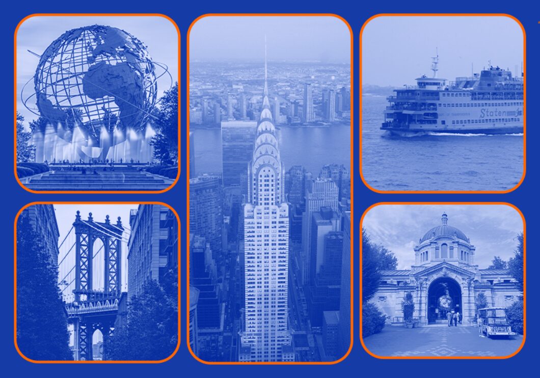 Image of iconic landmarks from NYC boroughs: Unisphere, Chrysler Building, Staten Island Ferry, Bronx Zoo, and Brooklyn Bridge.