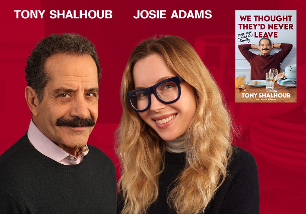 Images of Tony Shalhoub and Josie Adams, plus book cover of We Thought They'd Never Leave against red background.