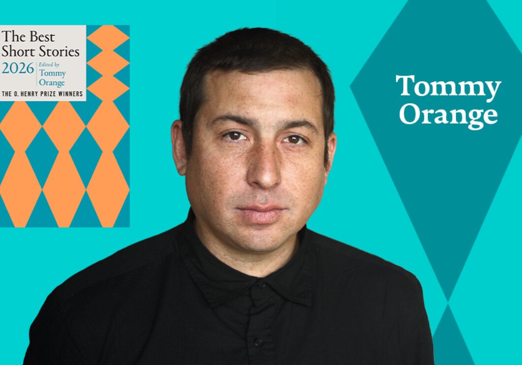 Tommy Orange headshot and O. Henry Prize book cover against a teal background with the name Tommy Orange in white font