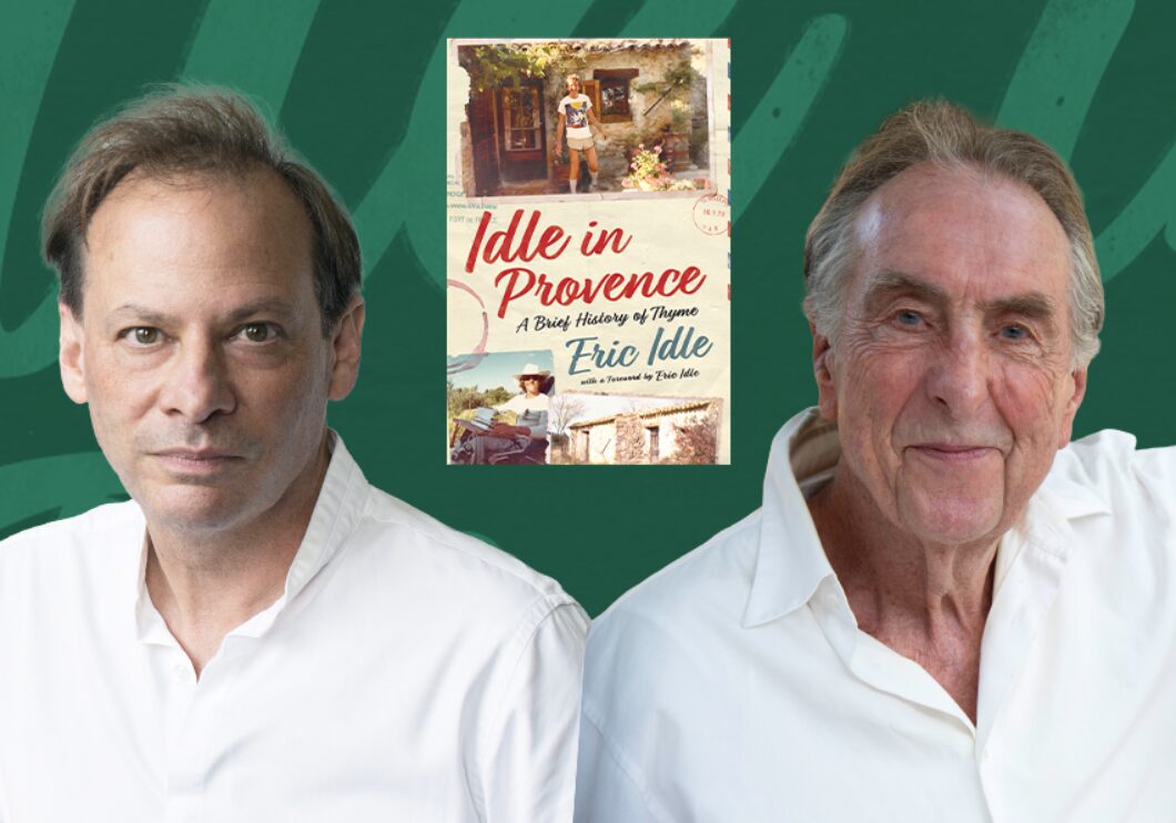 Image of Adam Gopnik, Eric Idle, and Eric Idle's book cover against a green background.