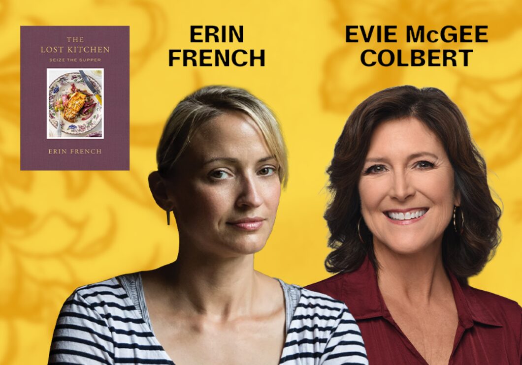 Against a yellow patterned background: headshots of Erin French and Evie McGee Colbert. The artists' names appear in black text above their headshots, and the cover of French's book Seize the Supper appears in the upper left.