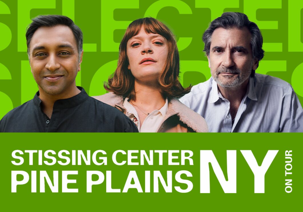 Against a green background: headshots of Bhavesh Patel, Colby Minifie, and Griffin Dunne. Bottom text: Stissing Center, Pine Plains, NY on tour