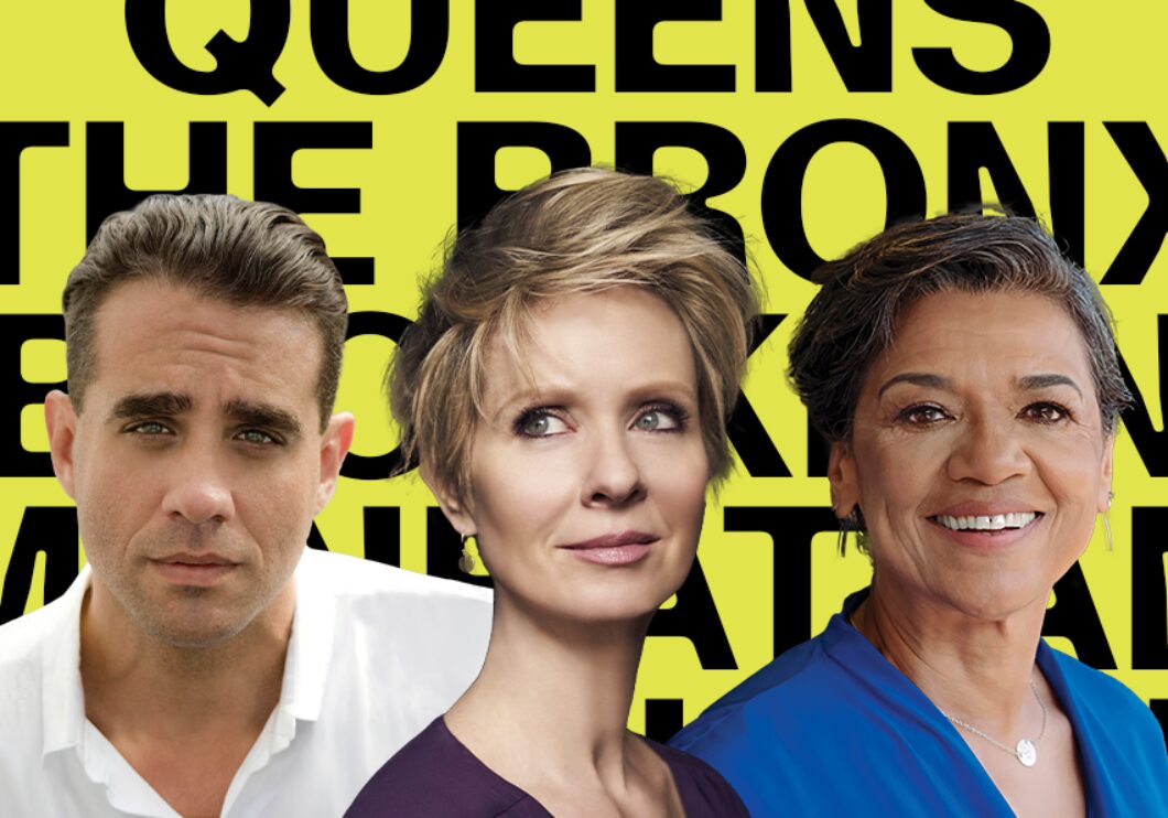 Against a yellow background: headshots of Bobby Cannavale, Cynthia Nixon, and Sonia Manzano. Black background text: Queens, The Bronx, Brooklyn, Manhattan, Staten Island.