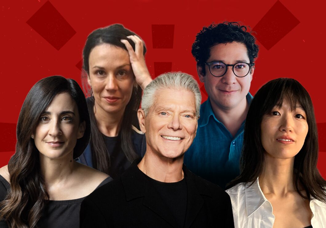 Against a red background: headshots of Marie-Helene Bertino, Rivka Galchen, Stephen Lang, Alice Sola Kim, and Joshua Rothman.