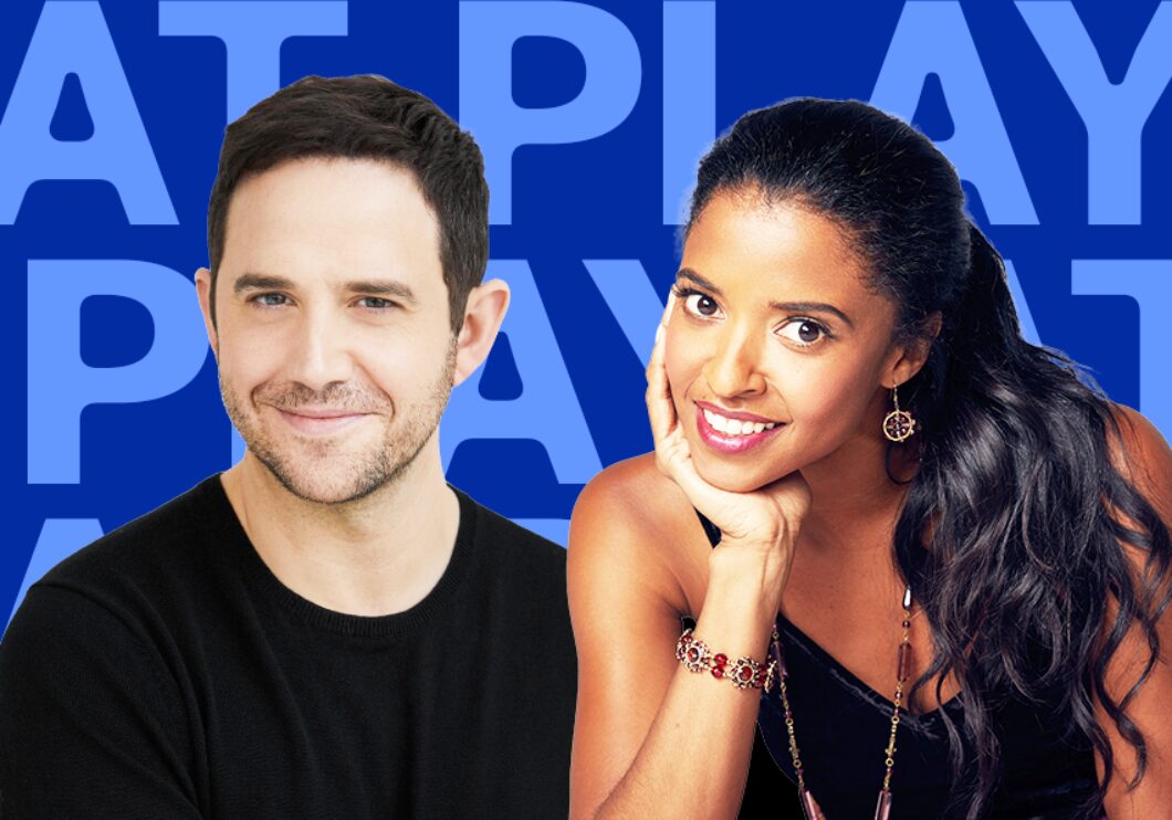 Against a blue background: headshots of Santino Fontana and Renée Elise Goldsberry. Background text, repeated: At Play.
