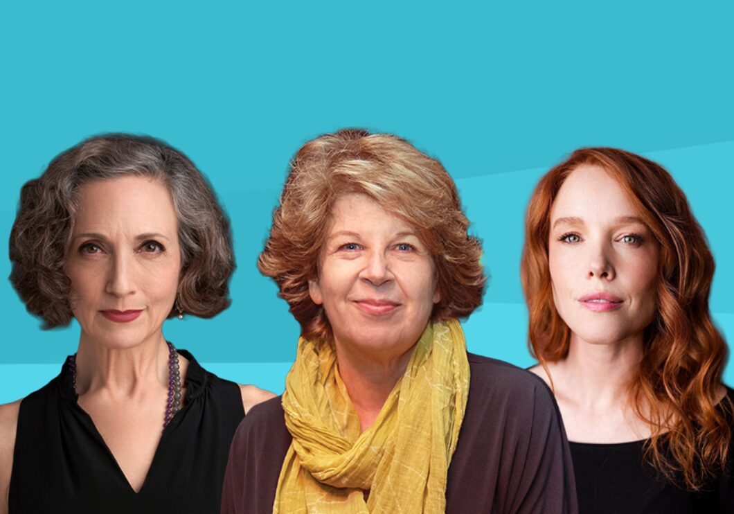 Against a light blue background: headshots of Bebe Neuwirth, Meg Wolitzer, and Jessica Keenan Wynn.