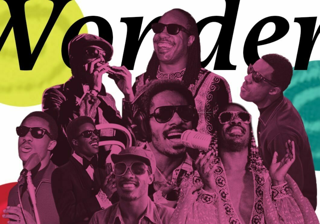 Various images of Stevie Wonder through the years, with text that says, "Wonder."