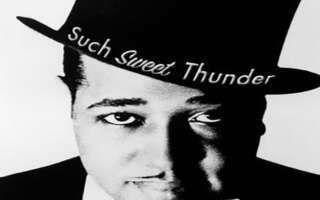 Close up black and white photo of Duke Ellington wearing a top hat. The show title Such Sweet Thunder, appears on the hat brim.