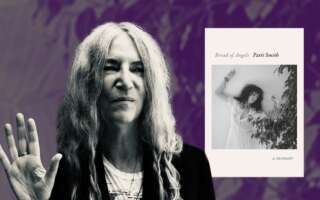Against a purple background is a photo of Patti Smith and her book cover for Bread of Angels which has a dancing woman
