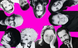 Black and white cut out headshots arranged in a looping circle around the image. The background is bright neon pink.