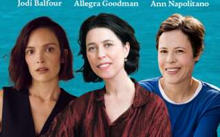 Against a blue-green background: headshots of Jodi Balfour, Allegra Goodman, and Ann Napolitano. The artists' names appear in white text above their headshots.