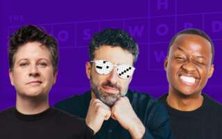 Against a purple background showing the logo of The Crossword Show: headshots of Liz Glazer, Zach Sherwin, and Nore Davis.