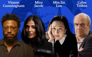 Against a blur blackground headshots of Vinson Cunningham, Mira Jacob, Min Jin Lee and Colm Tóibín